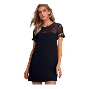Lulus Iced Latte Black Sheer Mesh Shift Dress Short Tassel Sleeves Lined Medium